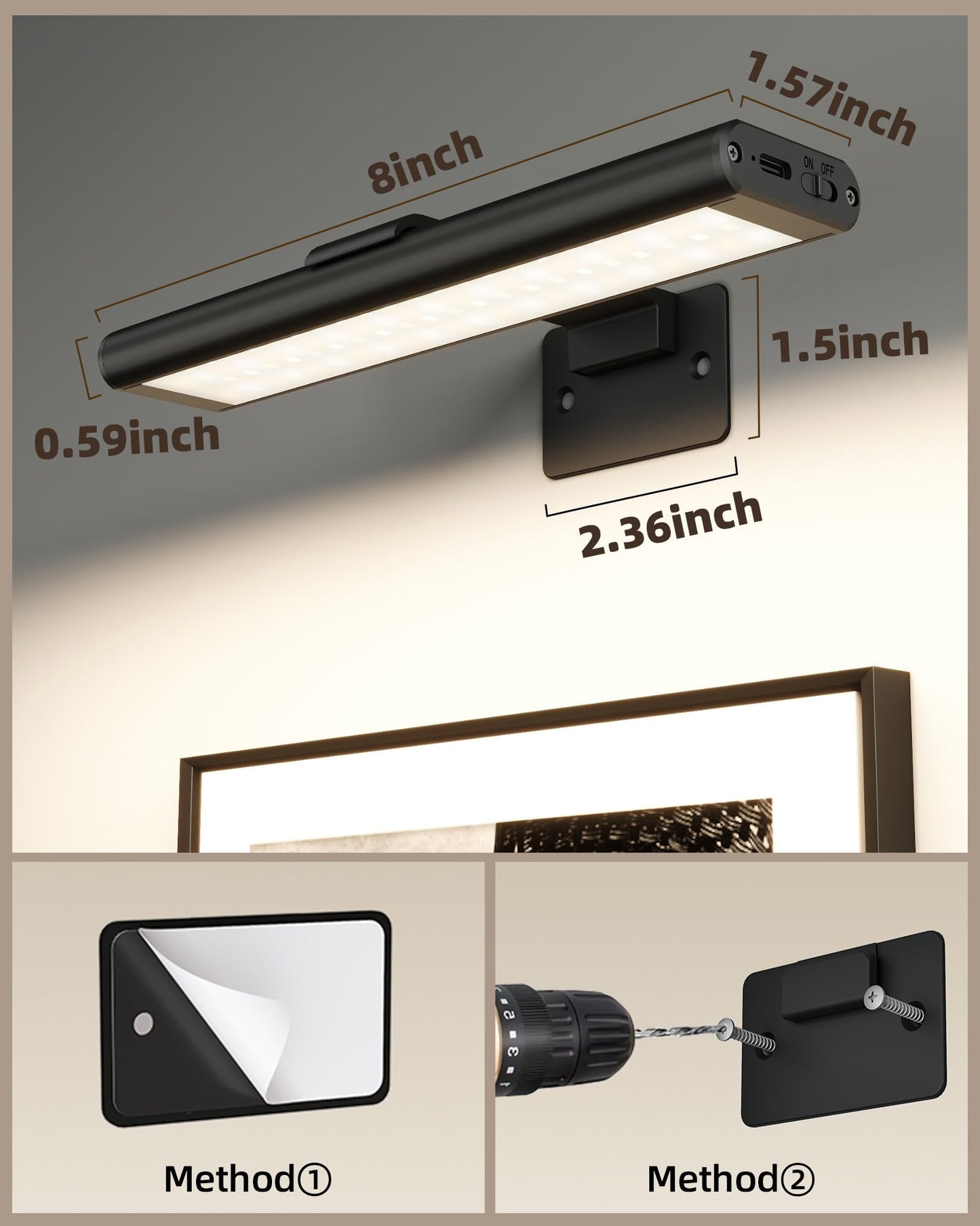 EZVALO Picture Light for Wall, Rechargeable 2400mAh Lights Wireless with IR Remote, 3 Color & Dimmable Magnetic 7.87'' LED Lights Display for Painting, Living Room, Gallery, Bedroom Art(Black-2P)