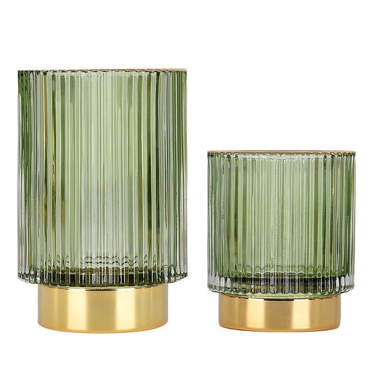 DASITON Makeup Brush holder Organizer, Crystal Cosmetic Makeup Brush Glass Brushes Storage Holder, Vintage Make Up Brush Cup Pen Pencil Holder striped vase(Green S+L)