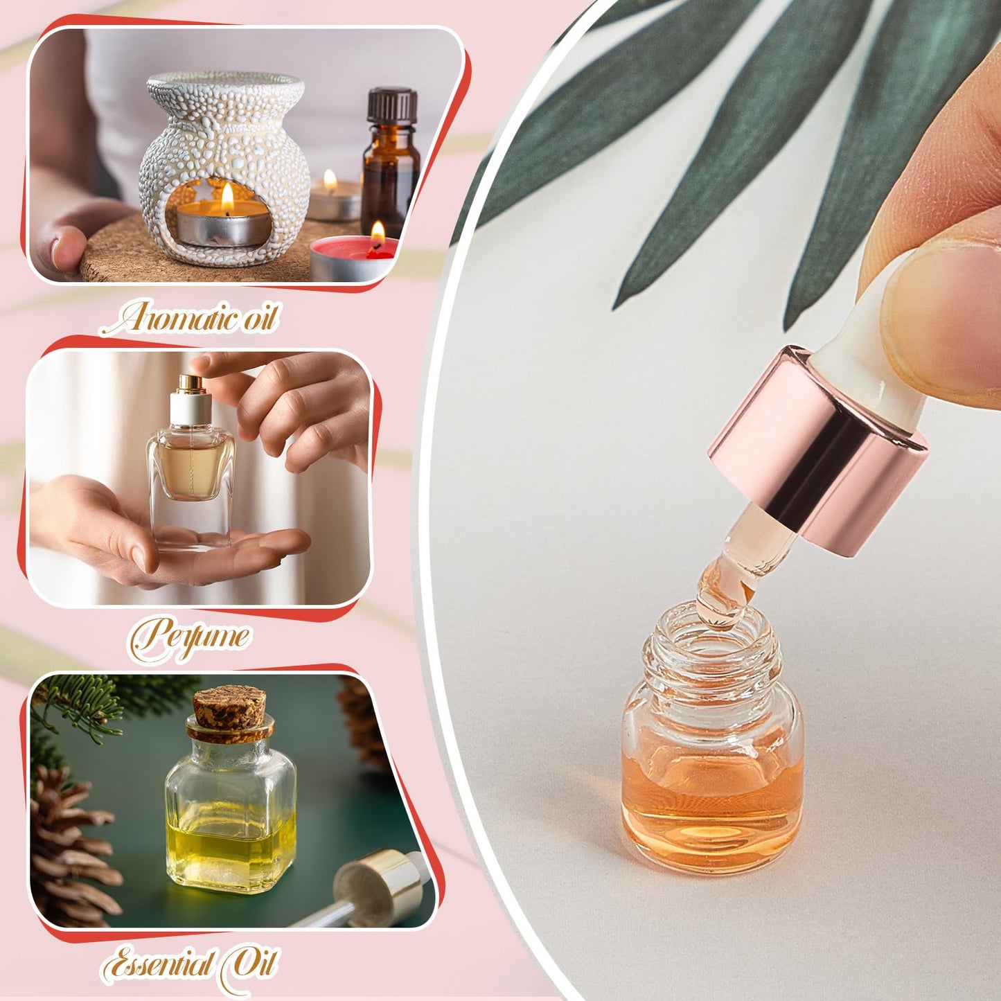 Didaey 100 Pcs 1 ml Mini Glass Oil Dropper Bottle Bulk, Clear Essential Small Empty Bottles Sample Containers Perfume Liquid Vials with Cap for Traveling (Rose Gold)