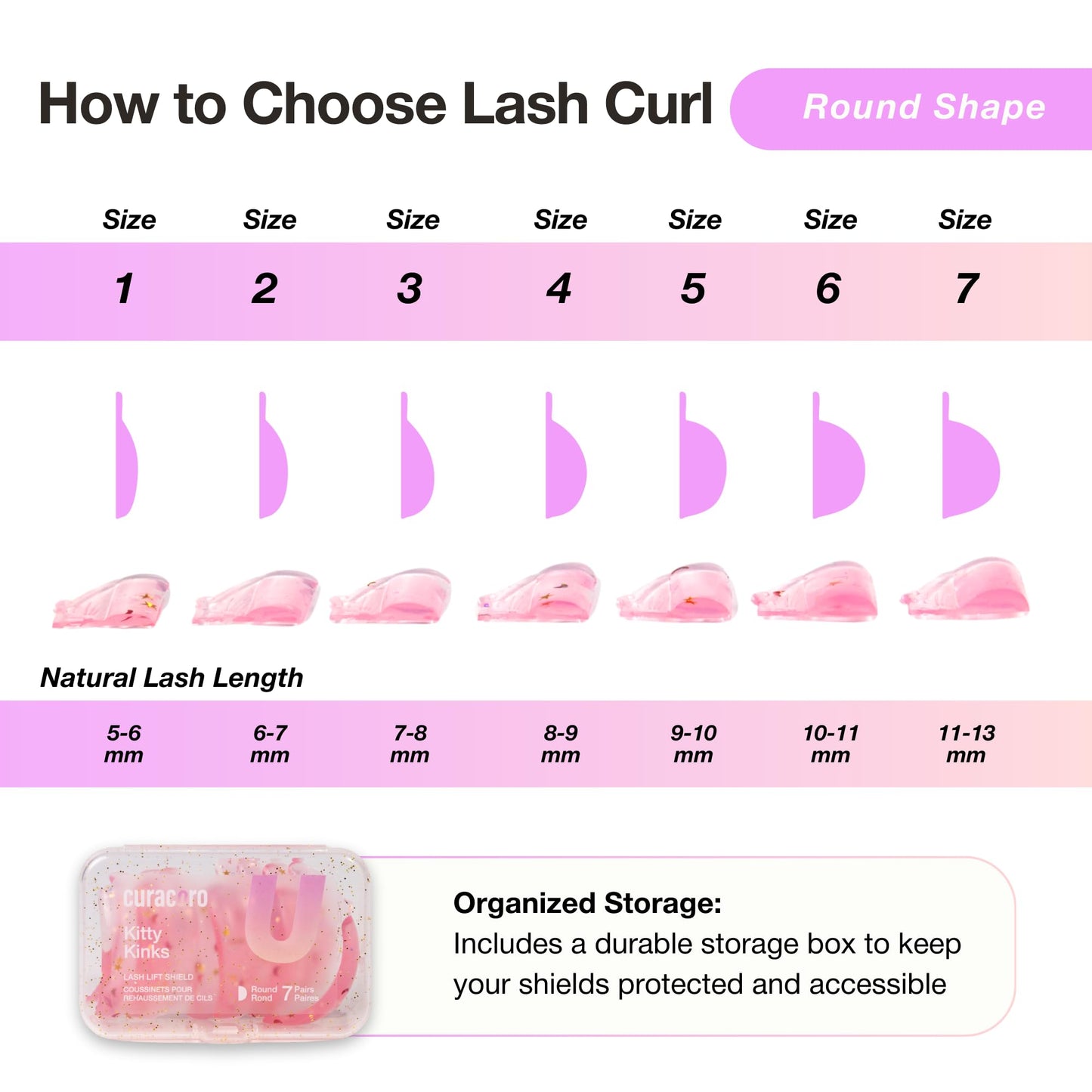 Curacoro Lash Lift Shields, 14 Pcs/7 Sizes Lash Lift Rods, Lash Lift Pads for Eyelash Curling and Lifting, Reusable Silicone Lash Rods for Eyelash Perm Lamination