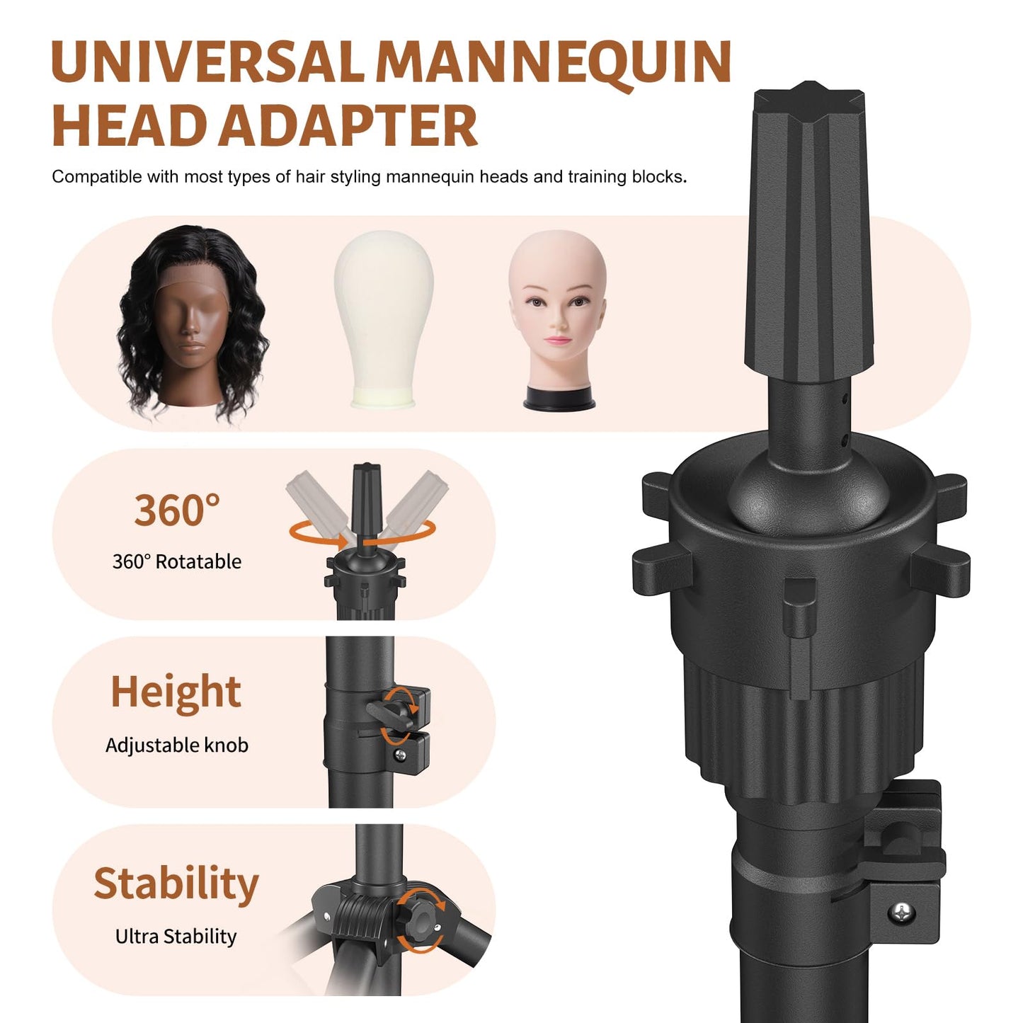 Womnwomn Wig Stand Tripod, 50 Inch Adjustable Mannequin Head Stand, Wig Head Stand for Cosmetology, Hairdressing Training - Includes T-Pins, Comb, Hair Clips & Carrying Bag (Head Not Included)
