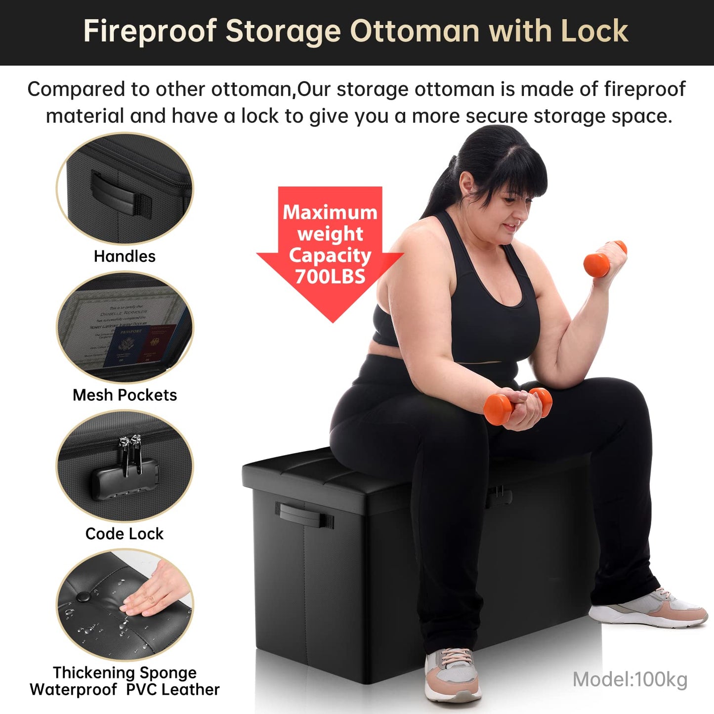 ENGPOW Storage Ottoman Bench,Fireproof Folding Bench with Lock,30 Inches Fire＆Water Resistant Storage Chest Foot Rest Stool Leather Bedroom Bench with Storage Safe for Document,Valuables,Black