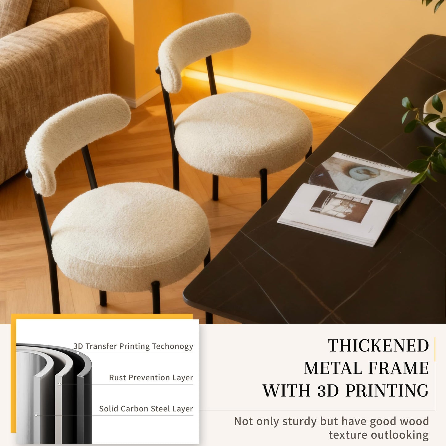 khumllo Dining Chairs Set of 2, Boucle Upholstered Modern Mid Century Round Kitchen Chairs with Curved Backrest & Metal Legs for Vanity, Living Room (White-1)