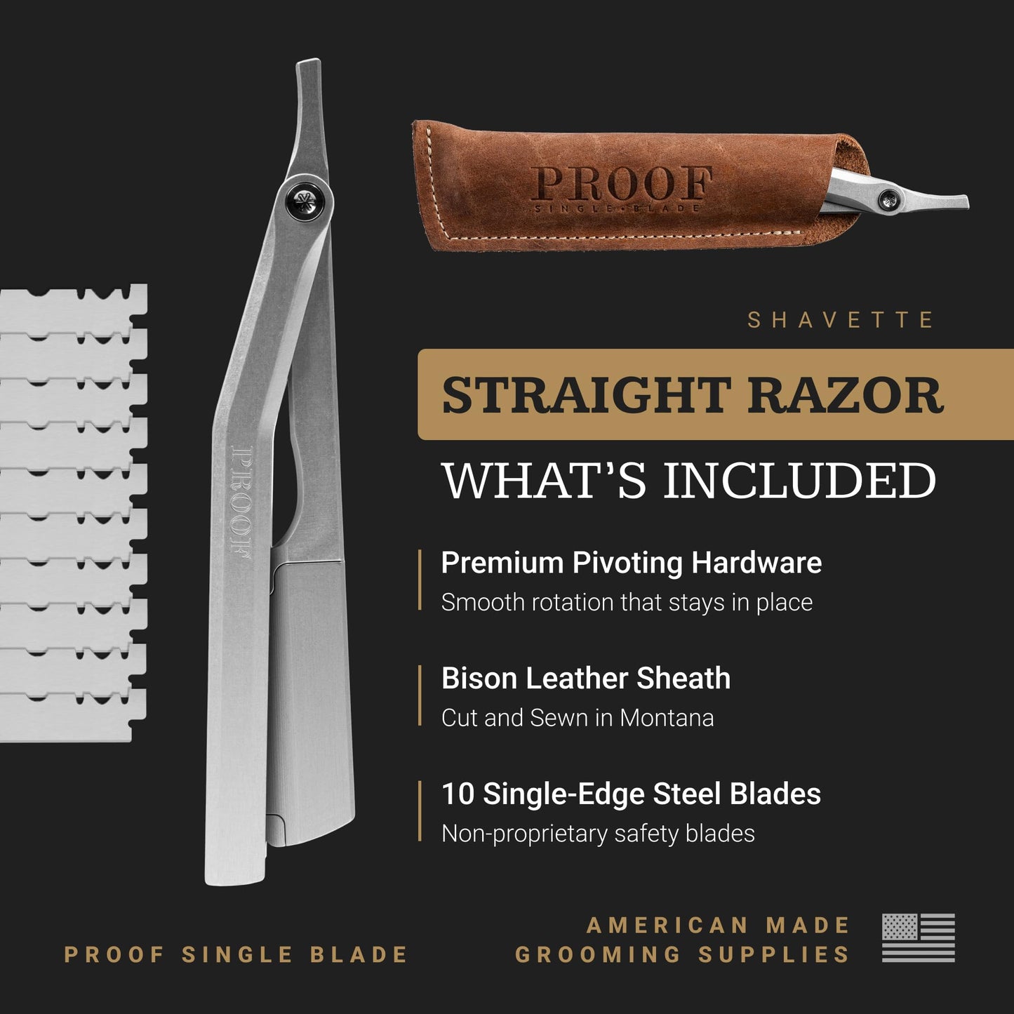 Proof Straight Razor for Men - CNC Machined Aluminum Single Blade Shaving Razor with Scalloped Edge, Lightweight Ergonomic Handle for Beard Shaping, Neck & Barber Style Shaves, Includes Leather Sleeve