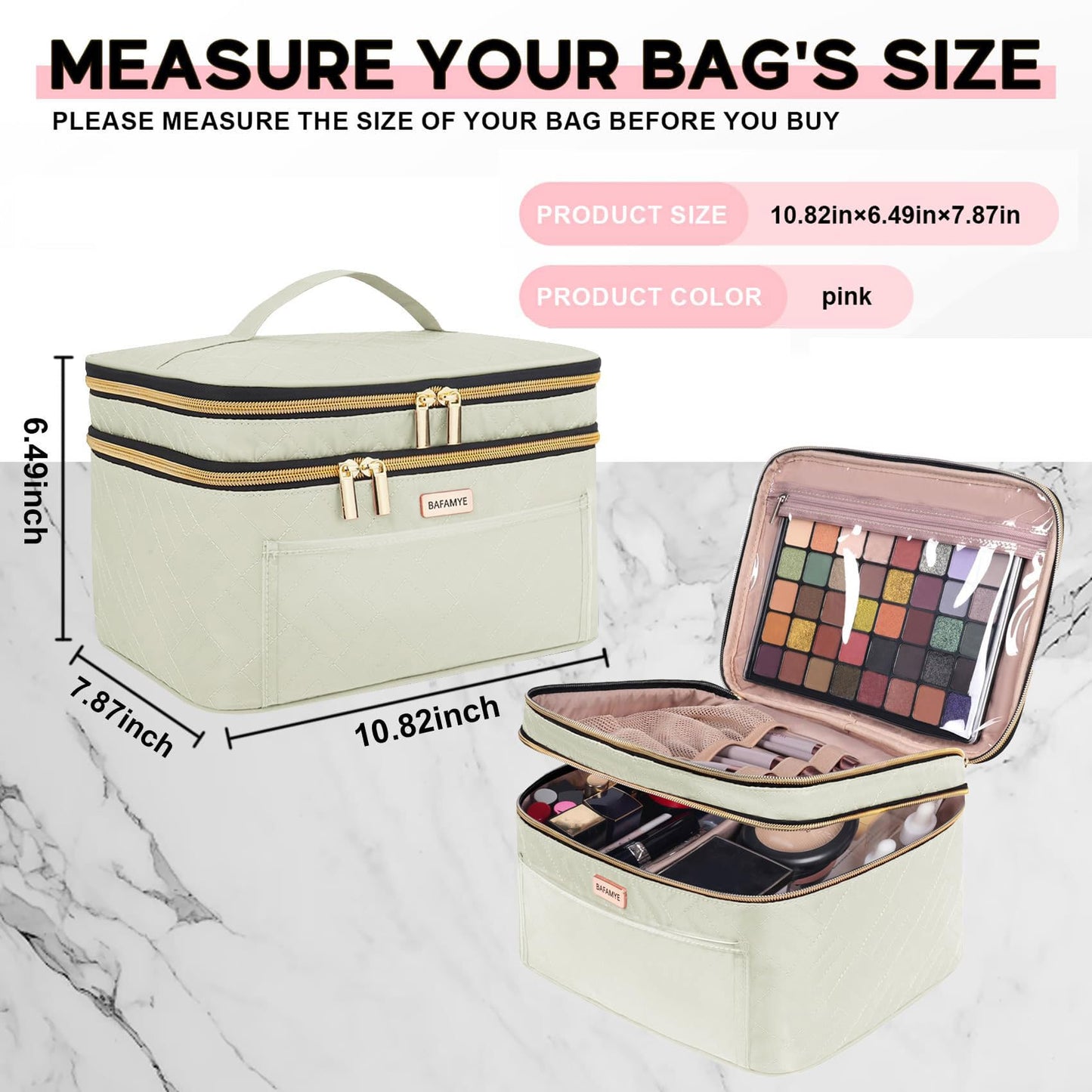 BAFAMYE 8.8L Double Layer Travel Makeup Bag Women, Large Cosmetic Case, Organizer for Travel-Size Accessories Bottles, Brushes, and Skin Care Products, Beige 2.33 GAL