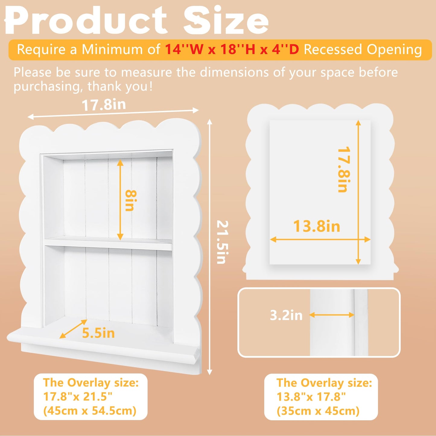 Royxen 14"x18" Recessed Medicine Cabinet, 2-Tier Wooden Bathroom Wall Cabinets Without Mirror,Scalloped Large Medicine Cabinet Niche for Bathroom Storage Organizer,White