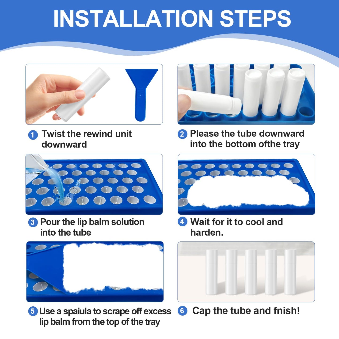 Lip Balm Tubes Kit with Filling Tray and Spatula, 50 Pack 5.5ml Empty lip Containers with Caps, BPA Free Twist-Up Lipstick Tubes for DIY Lip Balm and Cosmetic Making, Clear