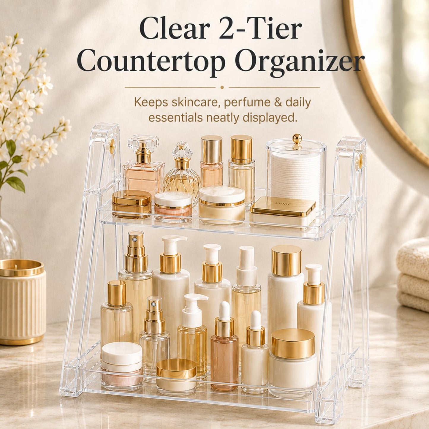 UFORU Clear Acrylic Bathroom Counter Organizer, 2-Tier Foldable Perfume Organizer Shelf for Makeup, Skincare, Beauty Products, Vanity, Dresser, Bedroom and Desk