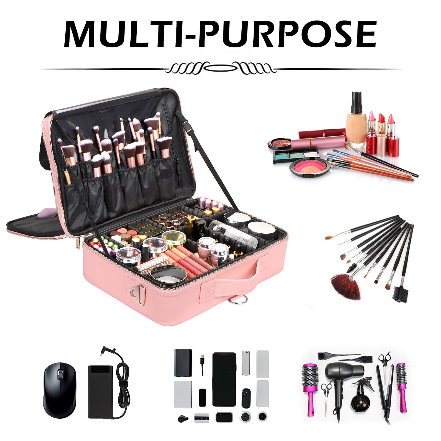 gzcz Large Capacity Travel Makeup Case Organizer,Professional Cosmetic Bags for Women,Waterproof PU Leather Makeup Bag with Adjustable Dividers and Shoulder Strap for Brushes and Jewelry