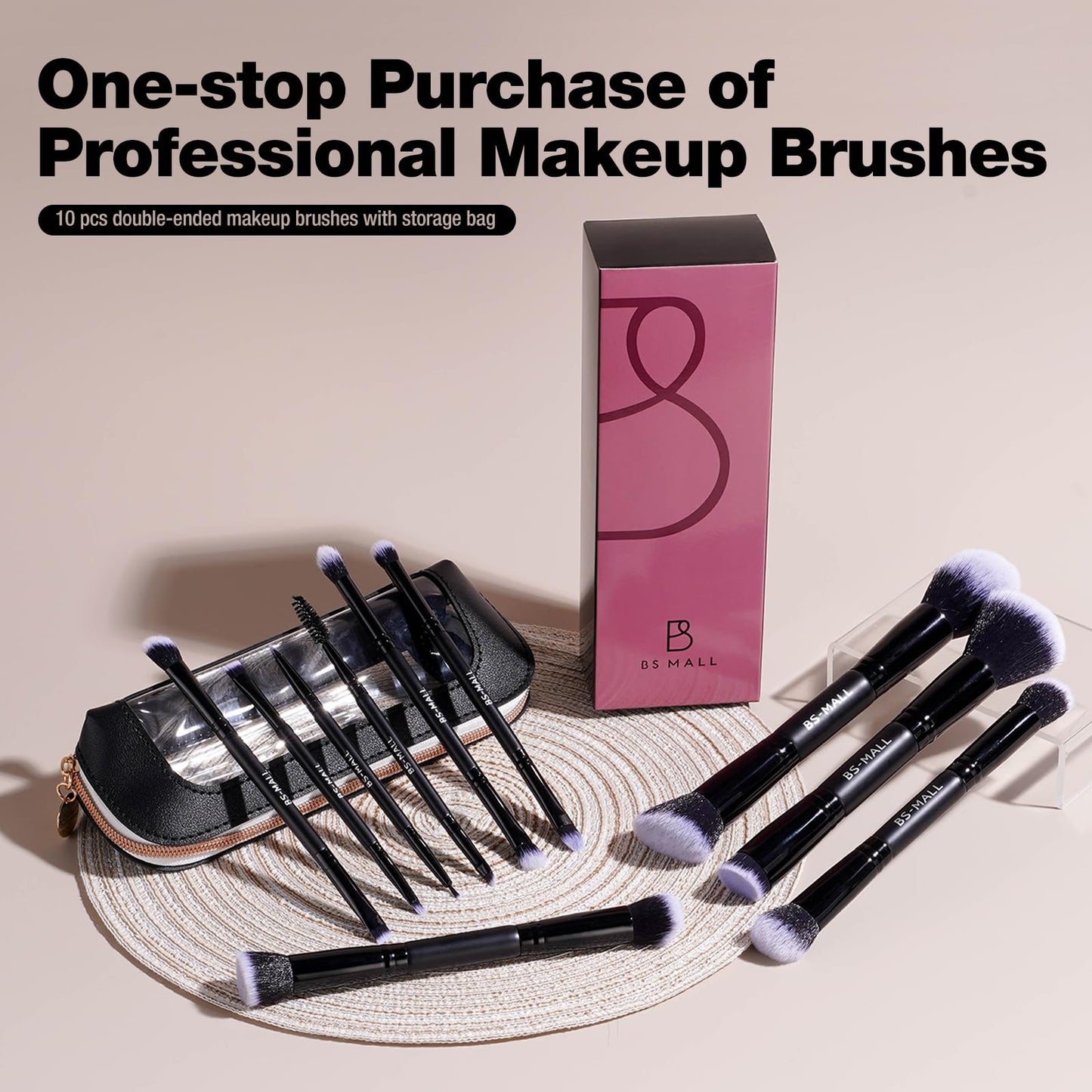 BS-MALL Double-ended Makeup Brush Set With Concealer Brush & Foundation Brush, Eyeshadow Brush- Travel-friendly Multi-purpose Brushes In Makeup Bag For Daily Use (10 PCS Black)