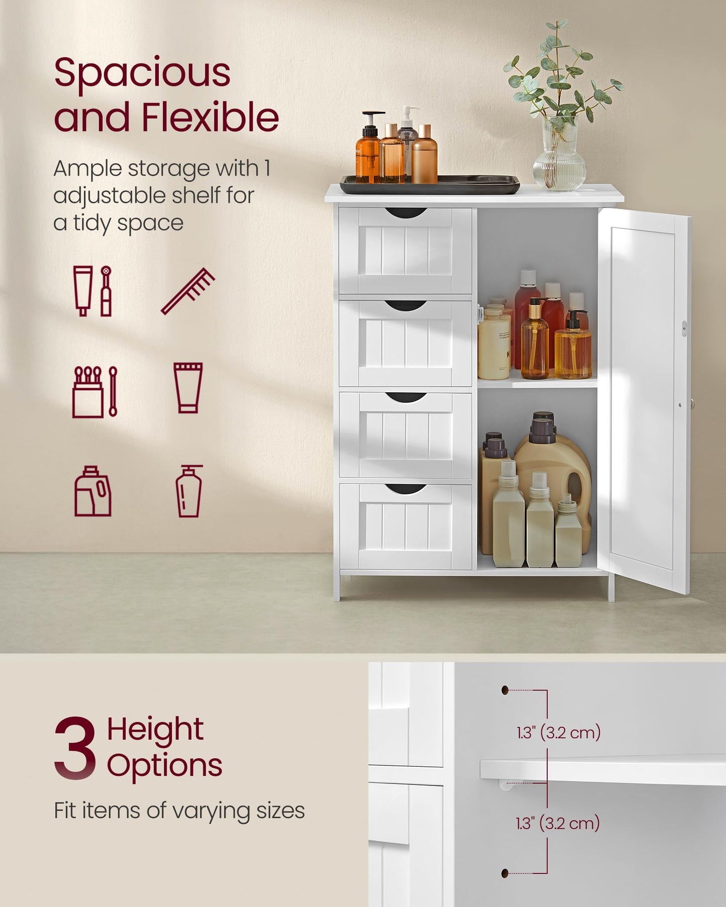VASAGLE Storage Cabinet with Drawers, Freestanding Floor Cabinet with Door, 11.8 x 21.7 x 32.3 Inches, Adjustable Shelf, for Bathroom, Living Room, Kitchen, Cloud White ULHC041WH01S