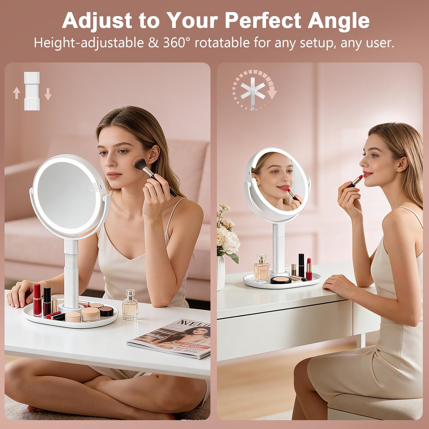 GONOBLE Lighted Makeup Mirror with 10X Magnification, Rechargeable LED Magnifying Vanity Mirror with 3 Lights, Adjustable Height, Storage Base and Phone Holder, White, 7 inch