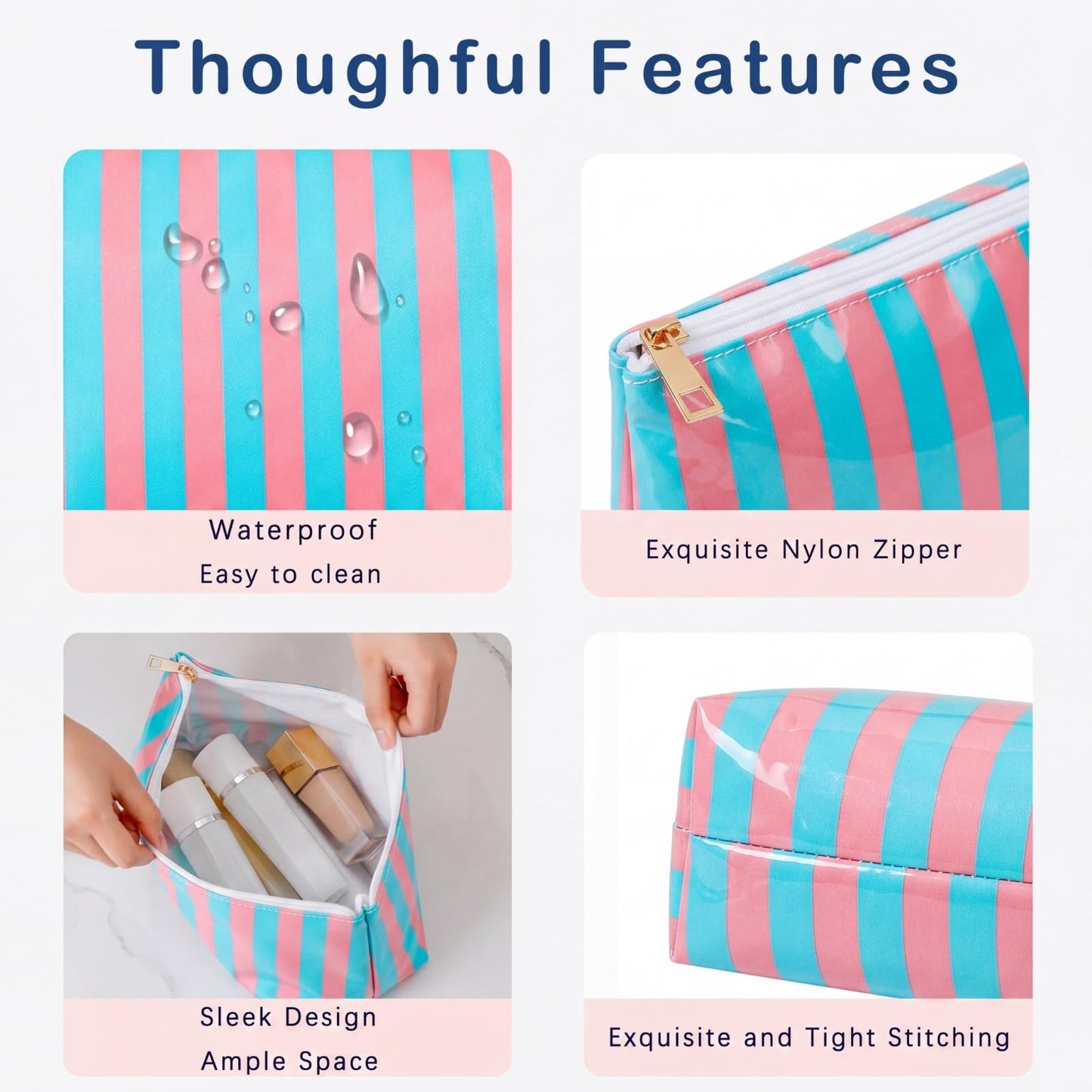 Lestikave Large PVC Waterproof Striped Makeup Bag,Clear Coated Cosmetic Bags,Easy to Clean,Travel Organizer Zipper Pouch Beach Vacation Essentials for Women Girls(12Pink Blue)