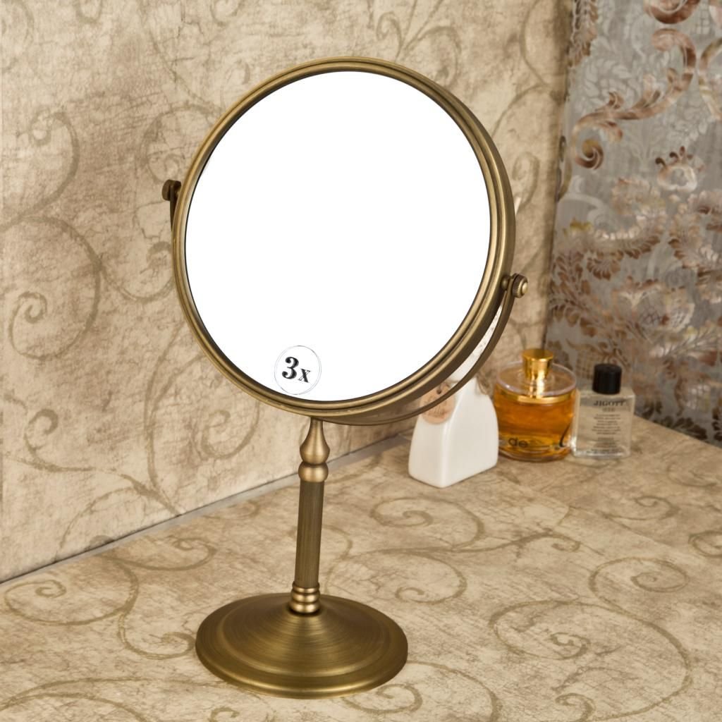 Leyden Antique Brass Makeup Mirror, 3X Magnifying Vanity Mirror Tabletop Double Side 7.8 Inch Bathroom Hardware Accessories