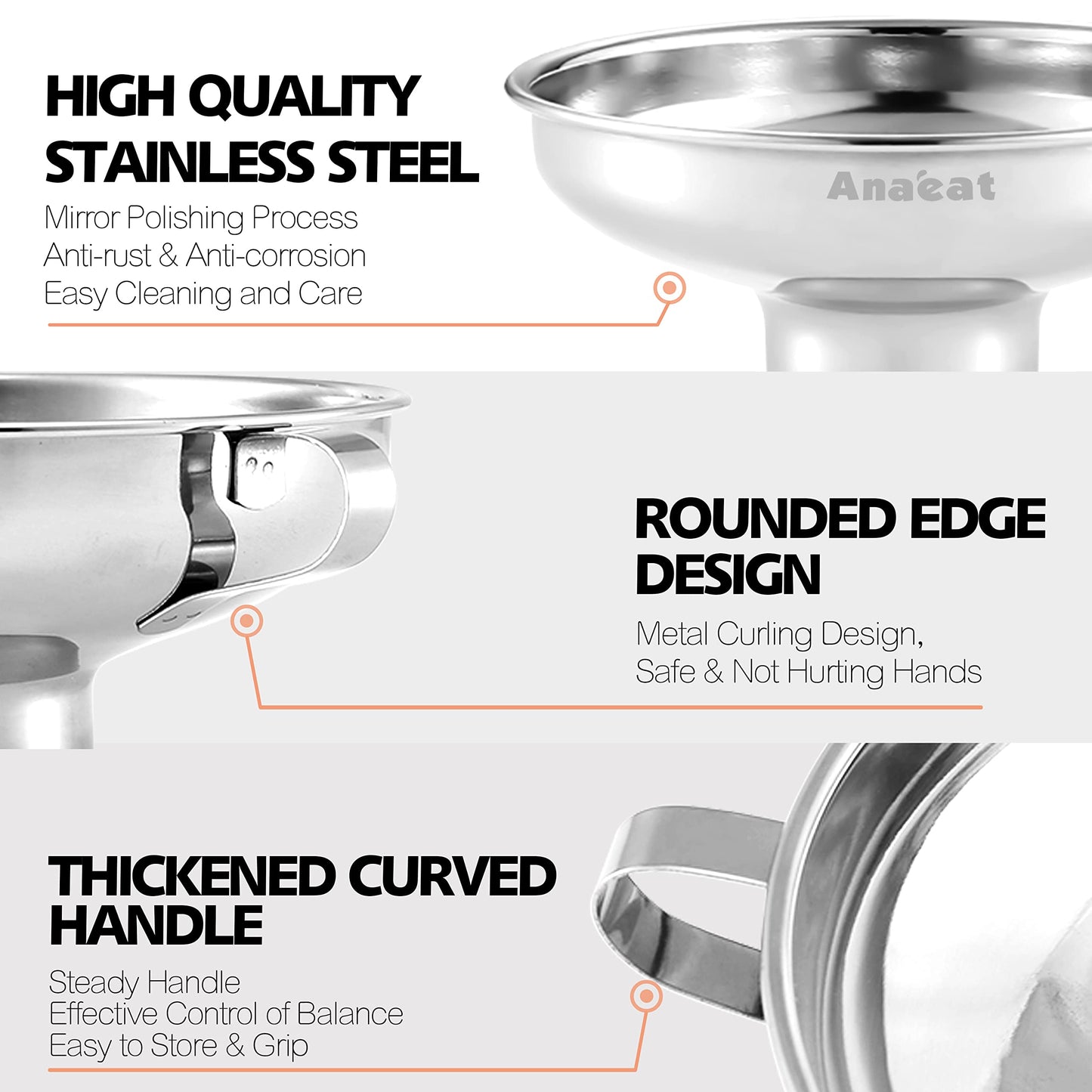 Anaeat Stainless Steel Canning Funnel with Handle for Wide and Regular Jars & Canning Jars, Wide-Mouth Funnels Excellent for Transferring Liquid and Dry Ingredients, Large Solids, Oil, Beans & Jams