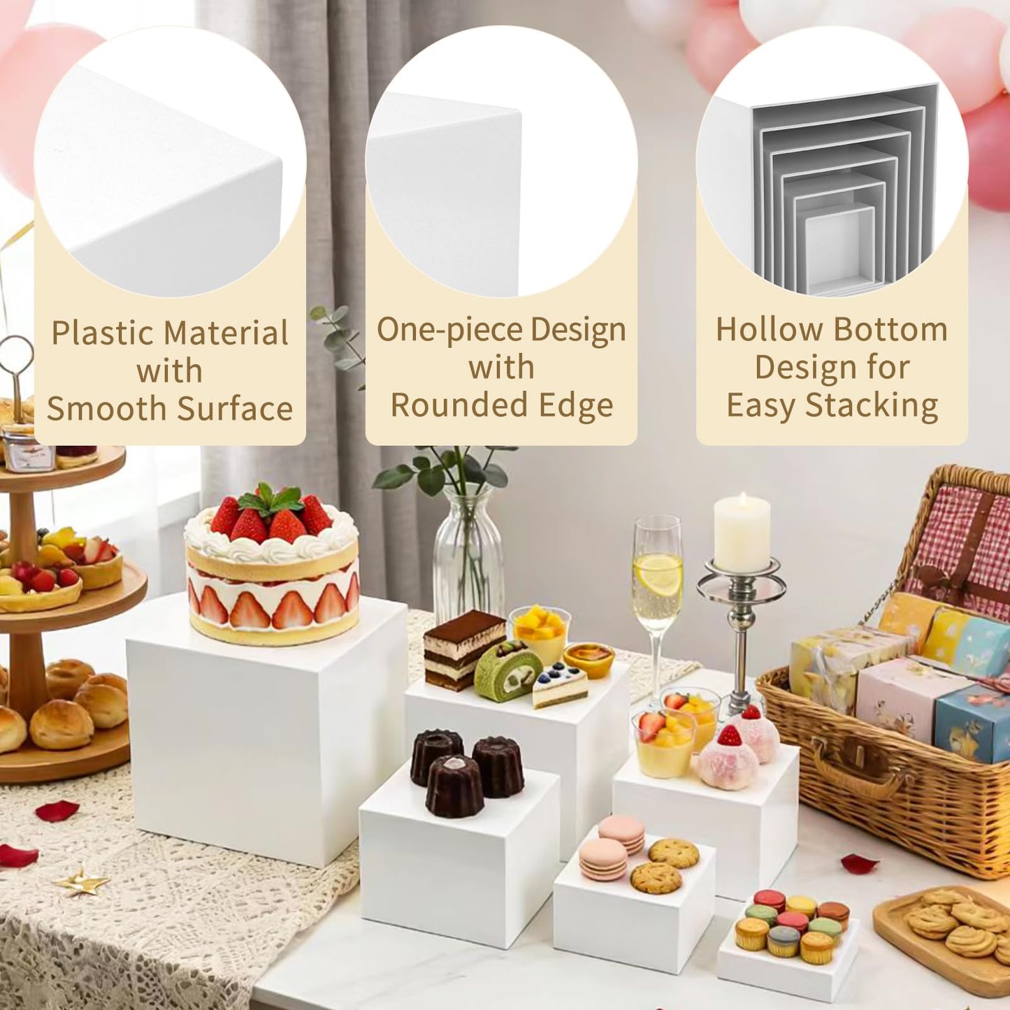 HAIJSEVR 6Pcs Buffet Risers and Display Stands, White Acrylic Dessert Table Display Set for Party, Collectibles Jewelry Catering Cube Boxes with Hollow Bottom (8",7",6",5",4",3")