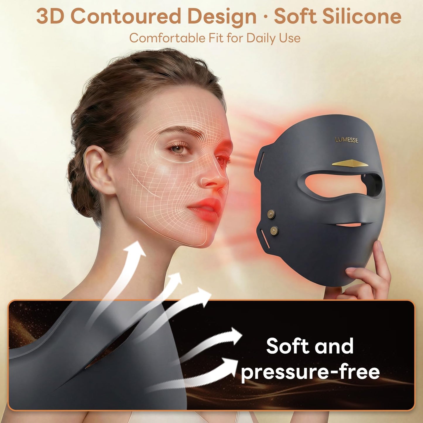 Lumesse 3D red Light Therapy for face, LED Face Mask Black Wireless Silicone Infrared Light Therapy mask, Portable Skincare Gadget for Home Travel Gym, Adjustable Strap, 4 Levels Skincare Device