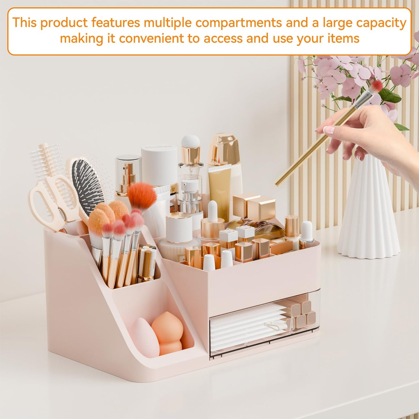 Yieach Countertop Makeup Organizers for Vanity,Bathroom,Dresser,Large Makeup Storage Organizer and Beauty Skincare Organizer,Plastic Makeup Holders and Organizers for Lotion,Hair Product & Tool,Pink
