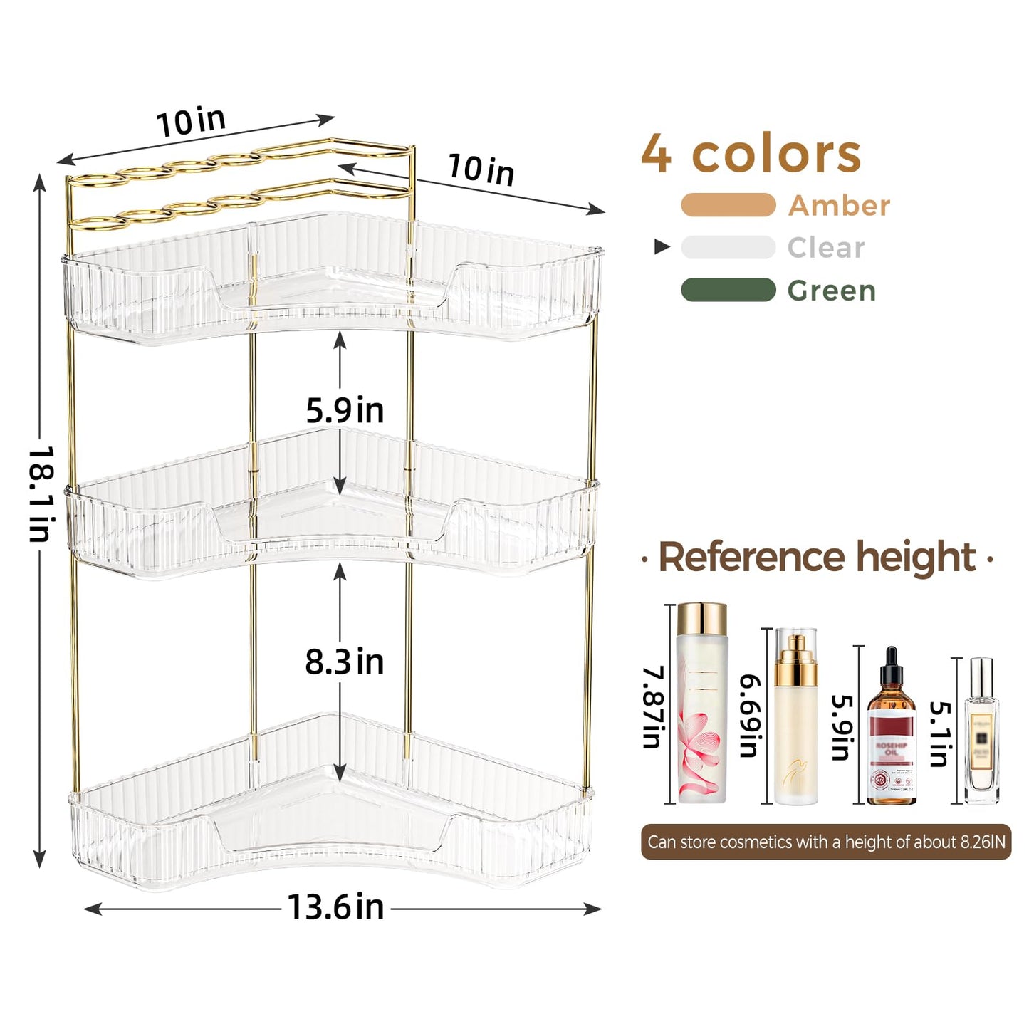 BEFSOP Corner Bathroom Counter Organizer, Upgraded 3-Tier Makeup Organizer Countertop with Makeup Brush Holder, Skincare Exquisite Vanity Organizers Countertop Bathroom Storage Dresser(CLEAR)