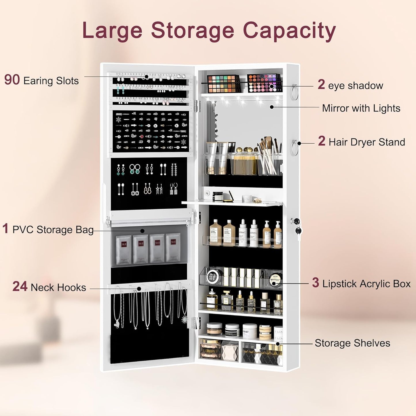 VECELO LED Jewelry Mirror Cabinet, Lockable Wall or Door Mounted Jewelry Armoire Organizer, Full Length with Storage, White
