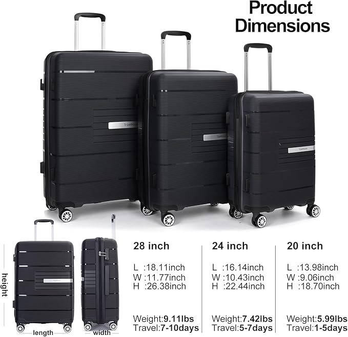 Travelhouse Luggage Sets, Expandable Hardside Suitcases 24in/28in, Carry on 20in,3 Piece Set Travel Luggages Clearance with Double Spinner Wheels TSA Lock Lightweight (Black-1206)