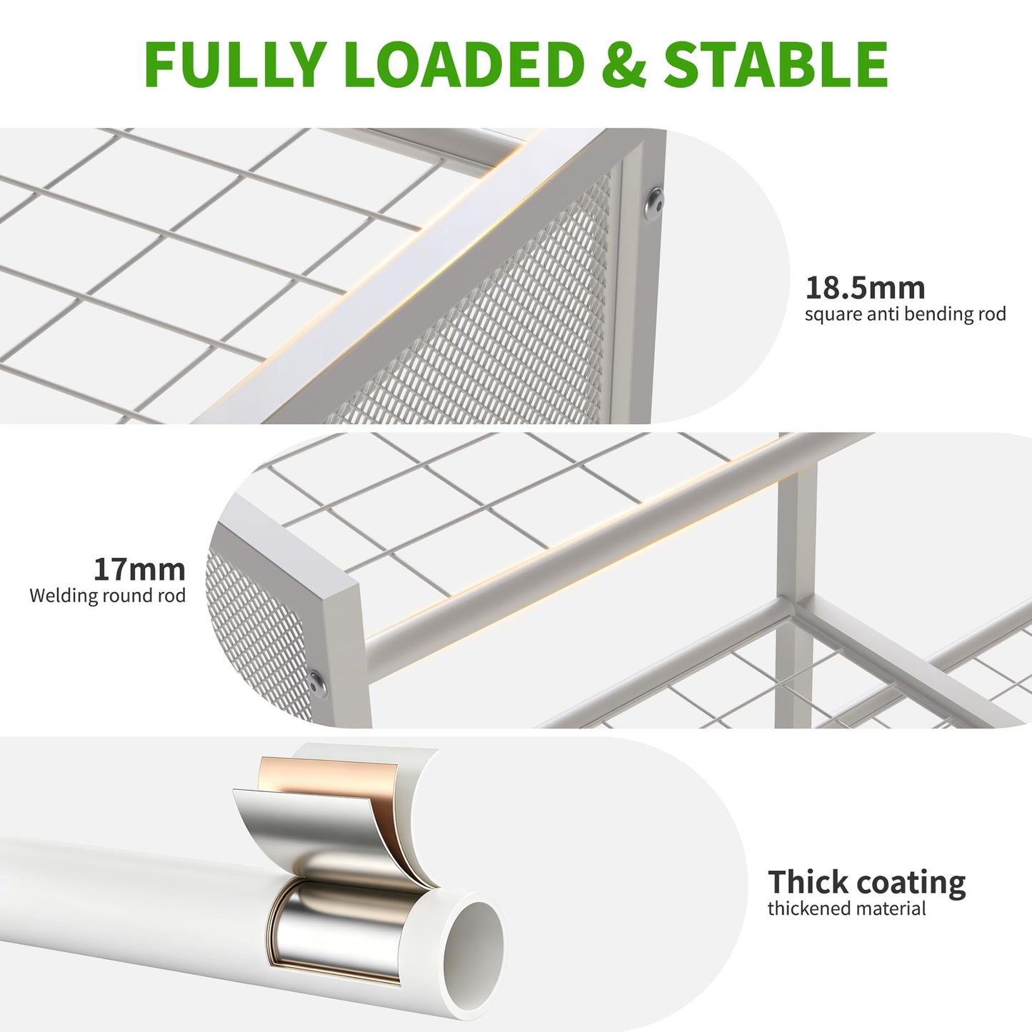 HOTEAGLE Yard Tool Organizer for Garage 35.4" Width High Stability Outdoor Metal Utility Rolling Cart with Mute Wheels, 18.5mm Thick Rods Ideal Garden Tool Rack, Easy to Clean,White
