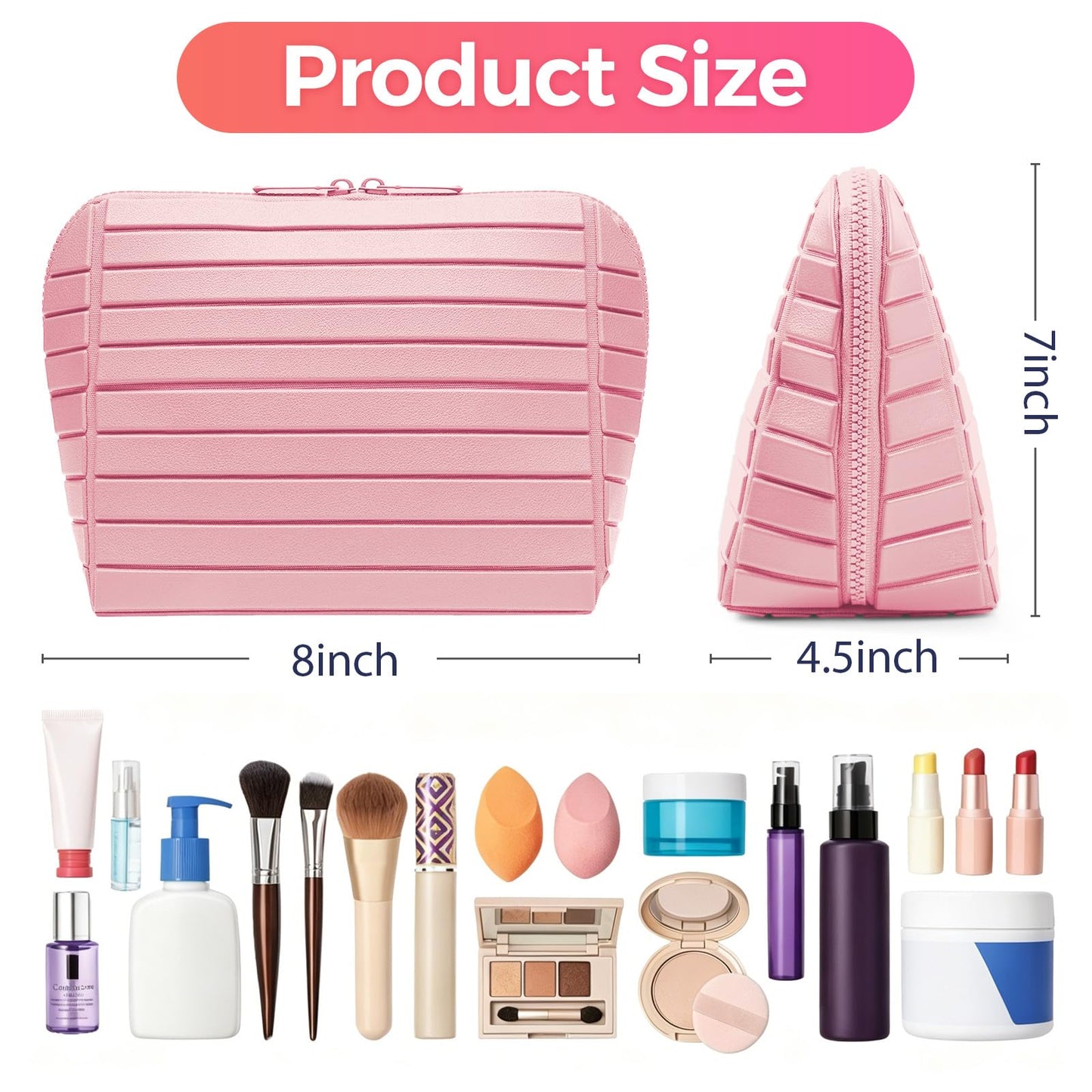 Travel Makeup Organizer Bag with Fold-Down Design and Adjustable Dividers, 27 Pockets & 3 Brush Storage Holders, Large Capacity Cosmetic Bags Toiletry Case - Pink