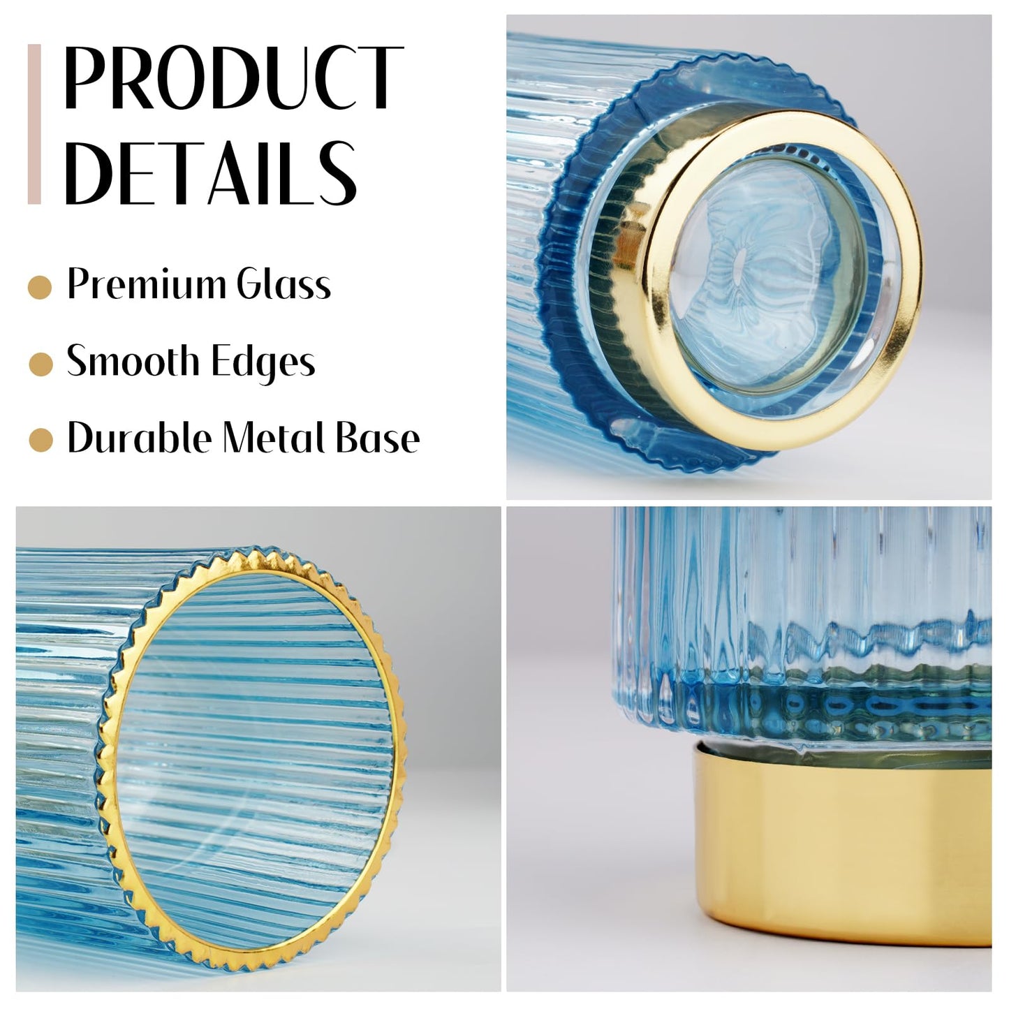 FullMeet Makeup Brush holder Organizer, Crystal Glass Toothbrush Holders, Striped Make Up Brush Holder for Vanity, Pen Holder for Desk, Vase -Blue (S+L)
