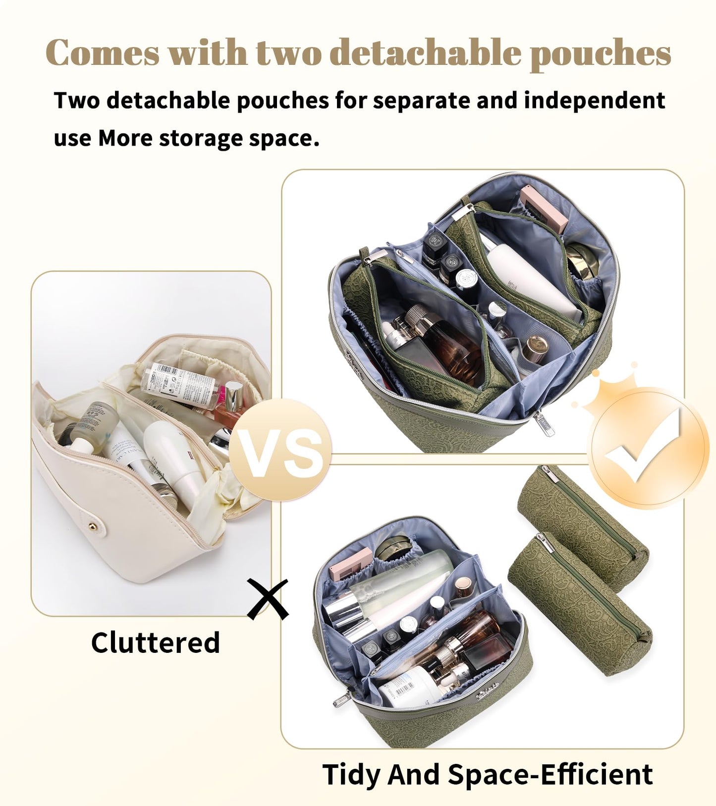 BOYATU Travel Makeup Bags Cosmetic Organizer Bag: 3 Pcs Set Large Capacity Make up Bag with Compartments - Waterproof Leather Toiletry Bags with Handle for Women (A-Green)