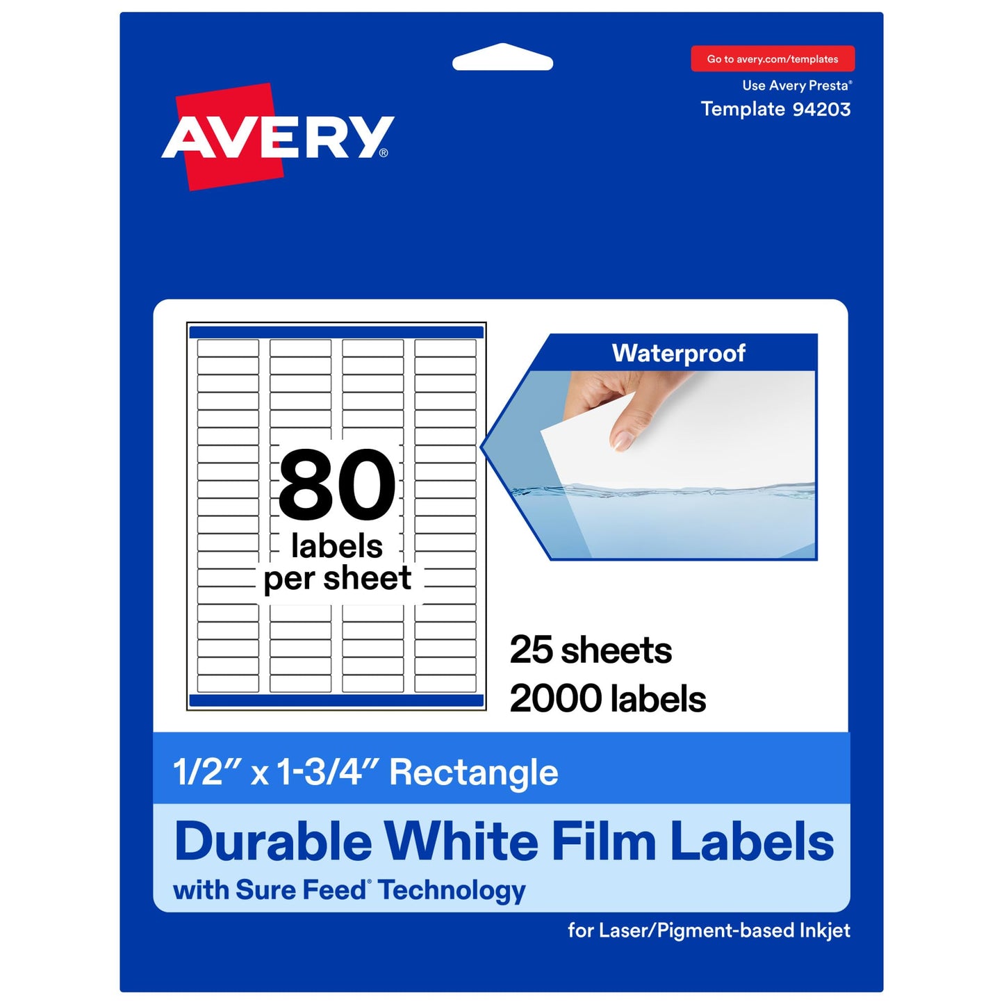 Avery Printable Durable White Rectangle Labels, Sure Feed Technology, 0.5" x 1.75", Waterproof Labels, Laser & Pigment-Based Inkjet Compatible, 2000 Total
