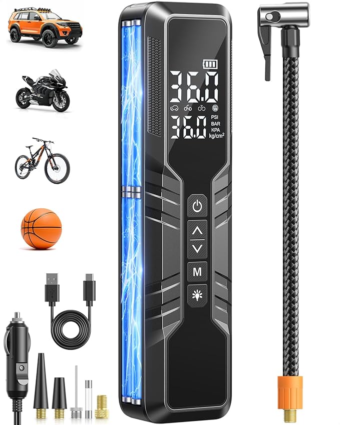 Tire Inflator Portable Air Compressor - 150PSI Cordless Air Pump for Car Tires, Portable Tire Inflator for Car, DC 12V Air Compressor with Pressure Gauge/LED Light for Auto/Bike/Motorcycle/Ball
