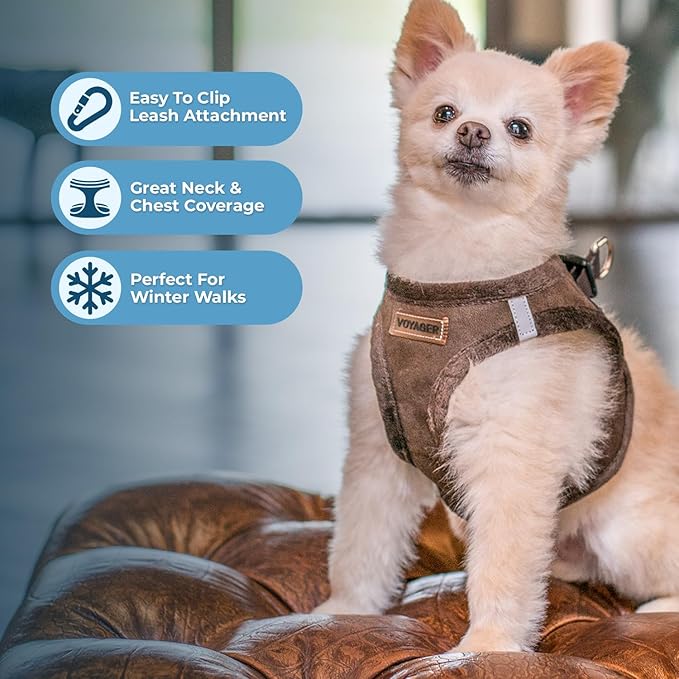 Best Pet Supplies - All Weather Mesh/Plush, Reflective, No Pull Harness for Small, Medium Dogs, Cats - Secure with Hook & Loop Fastener, Buckle, Double D-Rings - Chocolate Suede, S