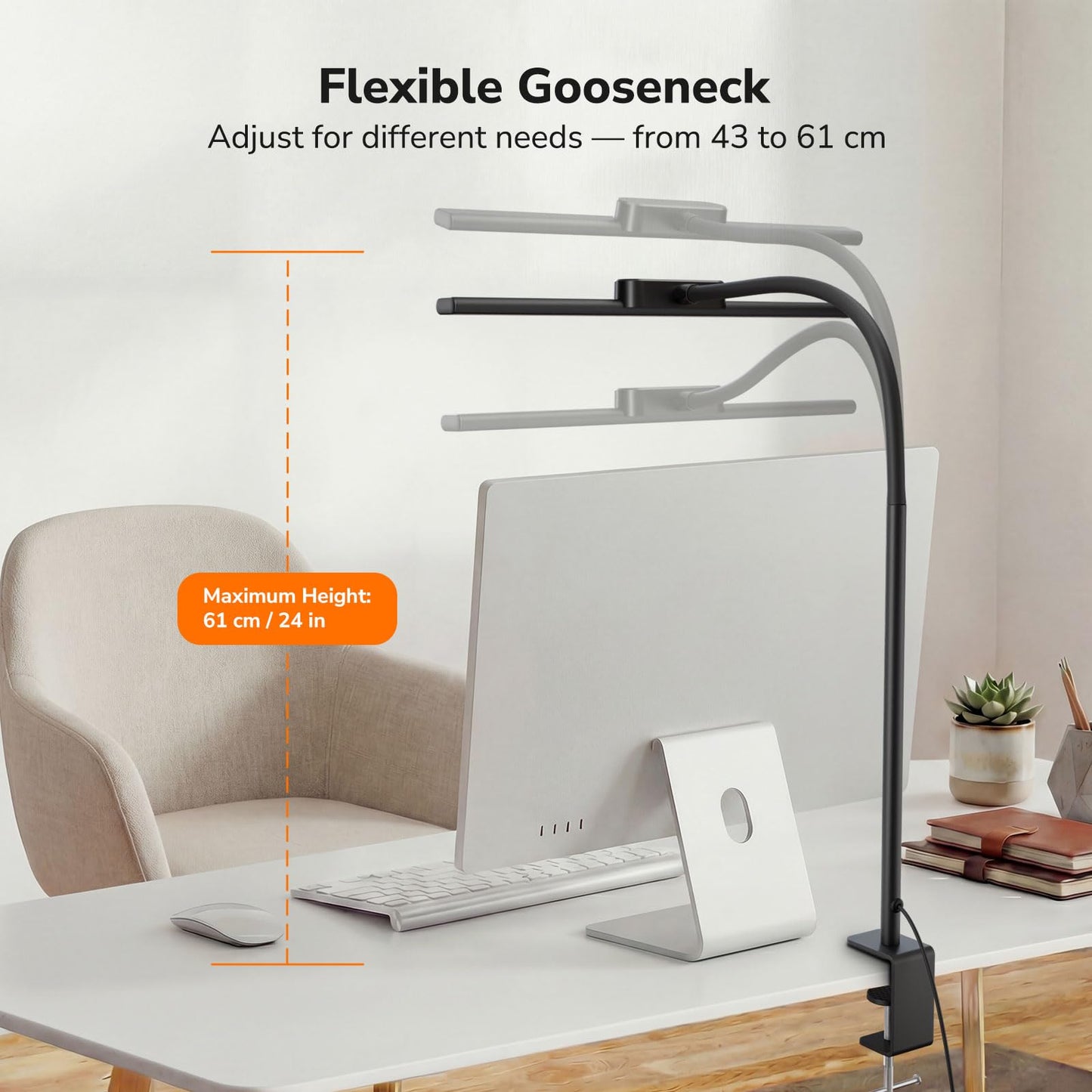 Lepro Led Desk Lamp for Home Office, Metal Architect Lamp with Clamp, 11W 650LM Eye-Caring Task Light, 25 Lighting Modes, Flexible Gooseneck for Monitor, Workbench, Drafting, Crafts, Reading, Black