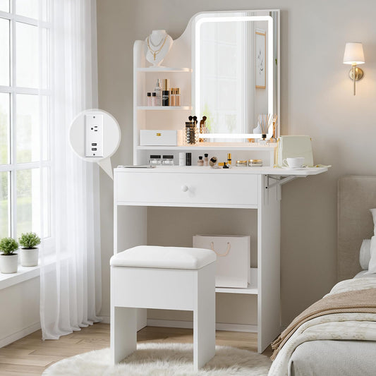 FUXA Small Vanity with Chair, Makeup Vanity Desk with LED Mirror and 3 Light Modes, Girls Vanity Set with Charging Station, Compact Vanity Table with Foldable Top for Small Spaces, White