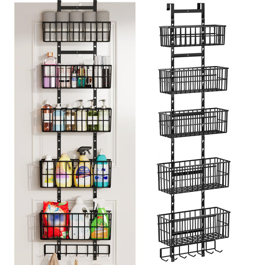 Hongtamoya Adjustable Over the Door Organizer, Metal Hanging Door Organizer with 5 Wire Basket 7 Hooks, Wall Mounted Shelf for Pantry Laundry Organization and Storage, Black