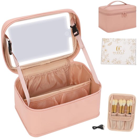 Makeup Bag With LED Mirror, Lightweight Travel Makeup Bag With 3 Color Setting Light Up Mirror Cosmetic Organizer Vanity Case for Women Beauty Tools Accessories Rechargeable Makeup Train Case-Pink