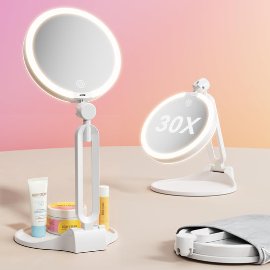 eeuuty Travel Makeup Mirror with Lights 2026 New, 1X/30X Magnification Double Sided Lighted Mirror, 3 Color Lighting & Stepless Dimming, 2000mAh Foldable Portable Mirror for Desk & Travel