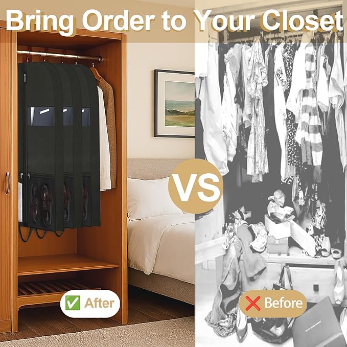 CYD Dress Storage Bags with Shoe Pockets and Scent Card, 54" Garment Bags for Hanging Clothes, Breathable Covers for Women’s Dresses, Coats and Occasionwear, Durable and Dustproof, Black, 2 Pack