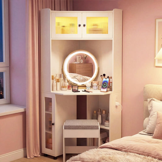 CHARMAID Corner Vanity Desk with LED Mirror & Lighted Fluted Cabinet, White Makeup Vanity Table with Charging Station, Adjustable Shelves, Space Saving Dressing Table with Stool for Small Bedroom