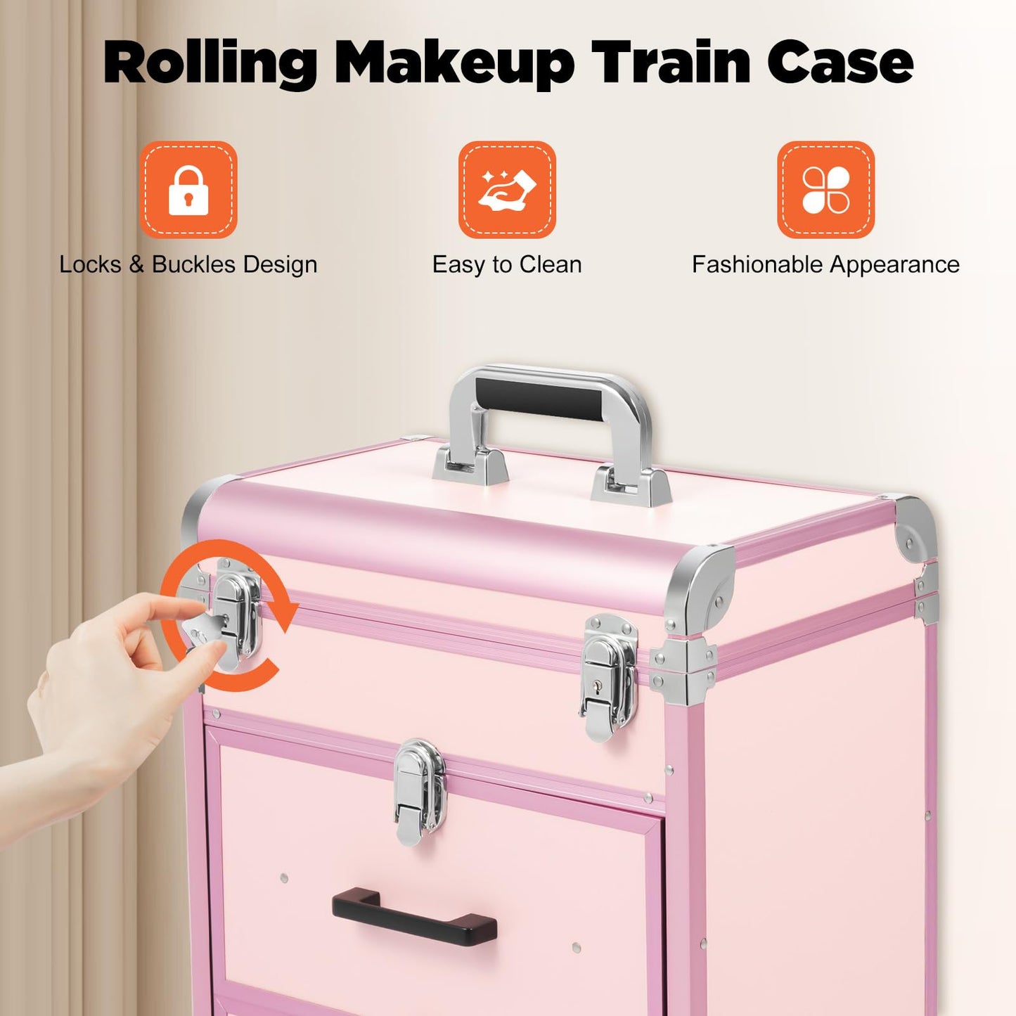 BGSHKAL Rolling Makeup Case with Drawer, Large Cosmetic Trolley with Lock 3 in 1 Rolling Makeup Train Case Cosmetology Trolley 3 Stage Telescopic Handle 4 Silent Swivel Castors 110.23 Lbs Capacity