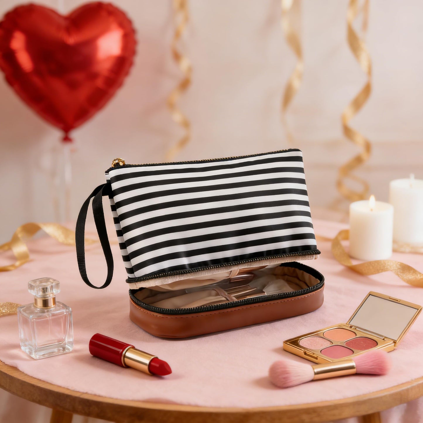 Ethereal Small Makeup Bag for Purse, Stripe Makeup Brush Organizer Bag Travel Make up Bags for Women Double Layer Makeup Pouch for Girls/Women