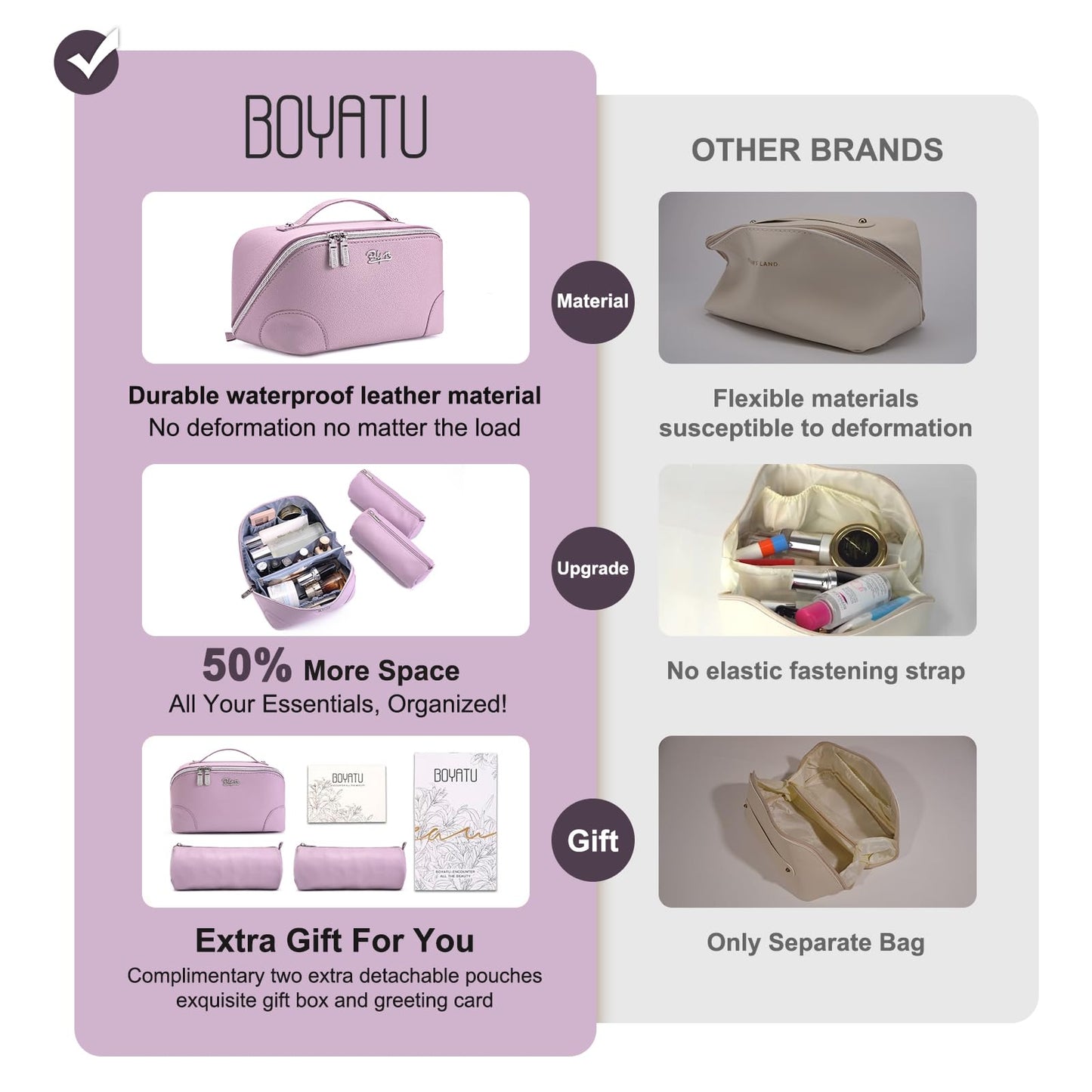 BOYATU Travel Makeup Bag Cosmetic Bags for Women: 3 Pcs Set Large Capacity Make up Bag with Handle - Waterproof Vegan Leather Toiletry Bags Travel Essentials with Compartments(C-4-Purple)
