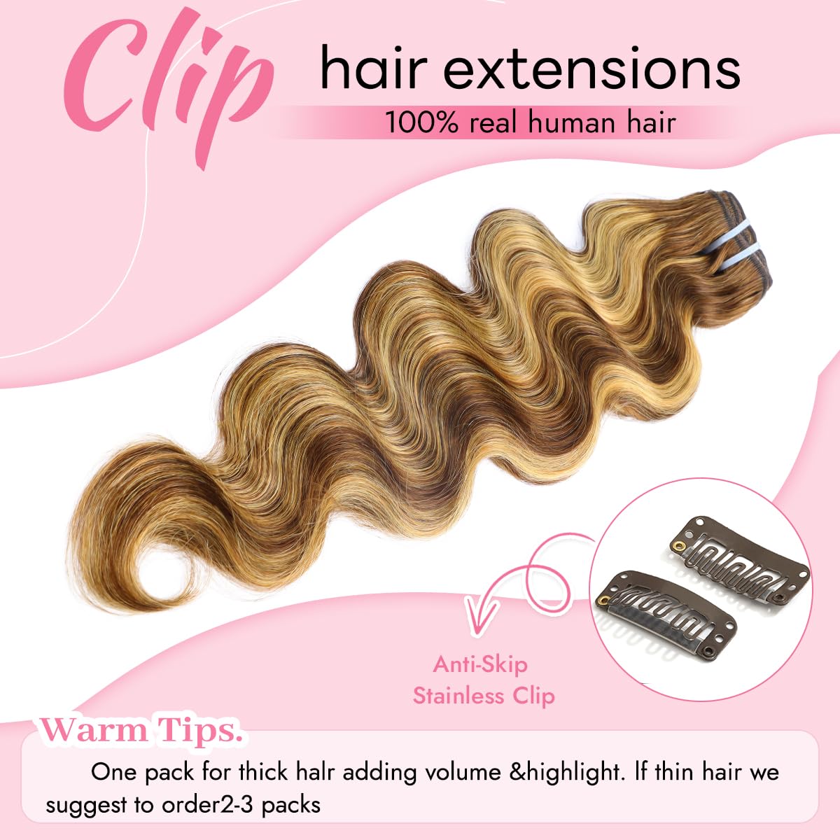 Tandulo Human Hair Clip In Hair Extensions Body Wave Clip ins 100% Brazilian Remy Human Hair (#4/27, 18 Inch)