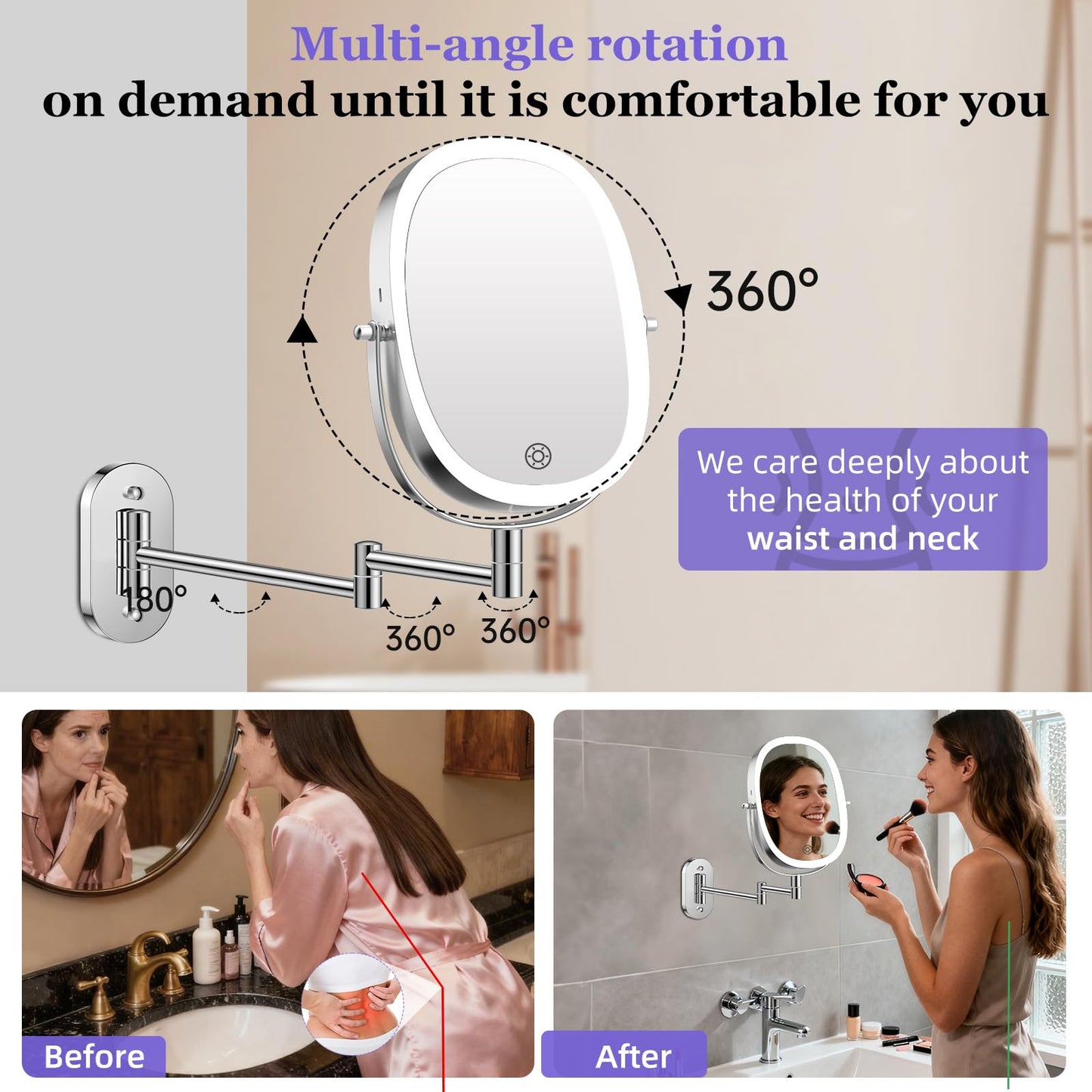 FUNTOUCH 30X/1X Wall Mounted Lighted Makeup Mirror,5000mAh Rechargeable Double Sided Magnifying Bathroom Lighted Mirror, 3 Color Modes Touch Dimmable Extended Arm 360 Rotation, Chrome