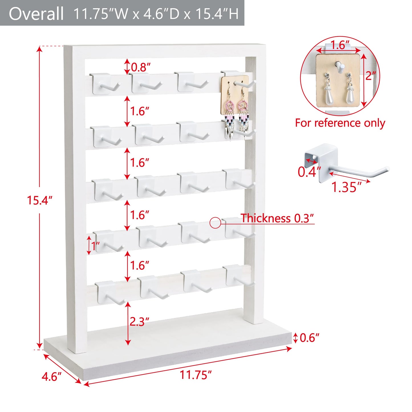 Ikee Design 5 Tiers Free Assemble Wooden Jewelry Display Rack with 20 Removable Metal Hooks,Earring Card Display Stand,Jewelry Organizer,Bracelet Organizer,Keychain Display Stand,Wash White