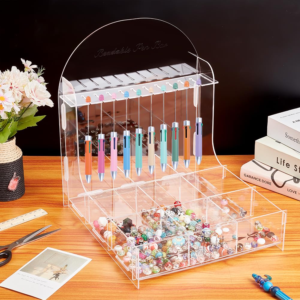 NBEADS Beadable Pen Storage Organizer, Acrylic Pen Display Stand with Sorting Tray 10 Slots with 9 Grid Organizer Box for DIY Home Office Desk School Supplies