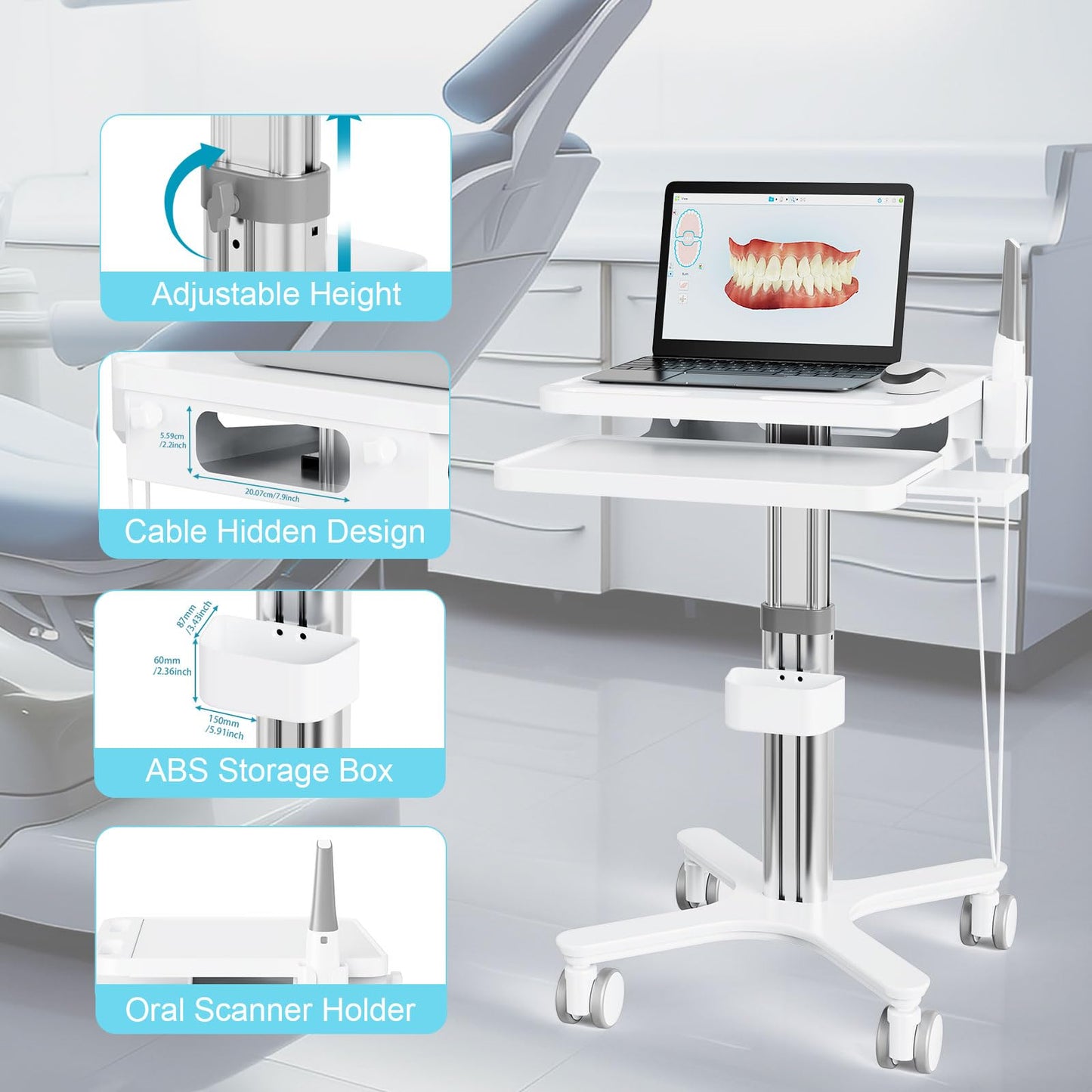 Medical Cart Height Adjustable Rolling Trolley with Oral Scanner Holder & Laptop Tray, for Dental Clinic, Hospital & Beauty Salon