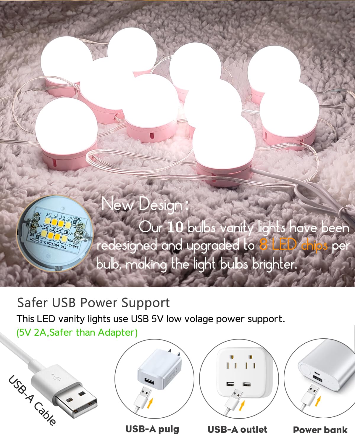 HELOIE Led Vanity Mirror Lights, Vanity Lights for Makeup Dressing Mirror Lighting,10 Dimmable Bulbs,Adjustable Light Color & Brightness,USB Cable