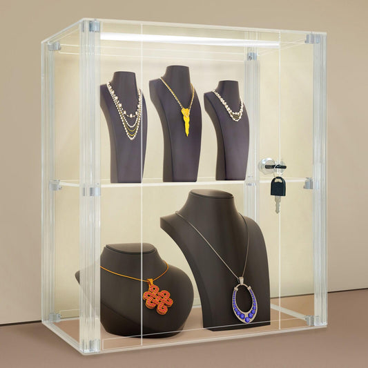 NONEMEY Acrylic Display case with Lock,2 Tier Lockable Security Display Case, Dustproof Protection Countertop Organizer Box for Collectibles (2Tier 14×8×16inch；35×20×41cm)
