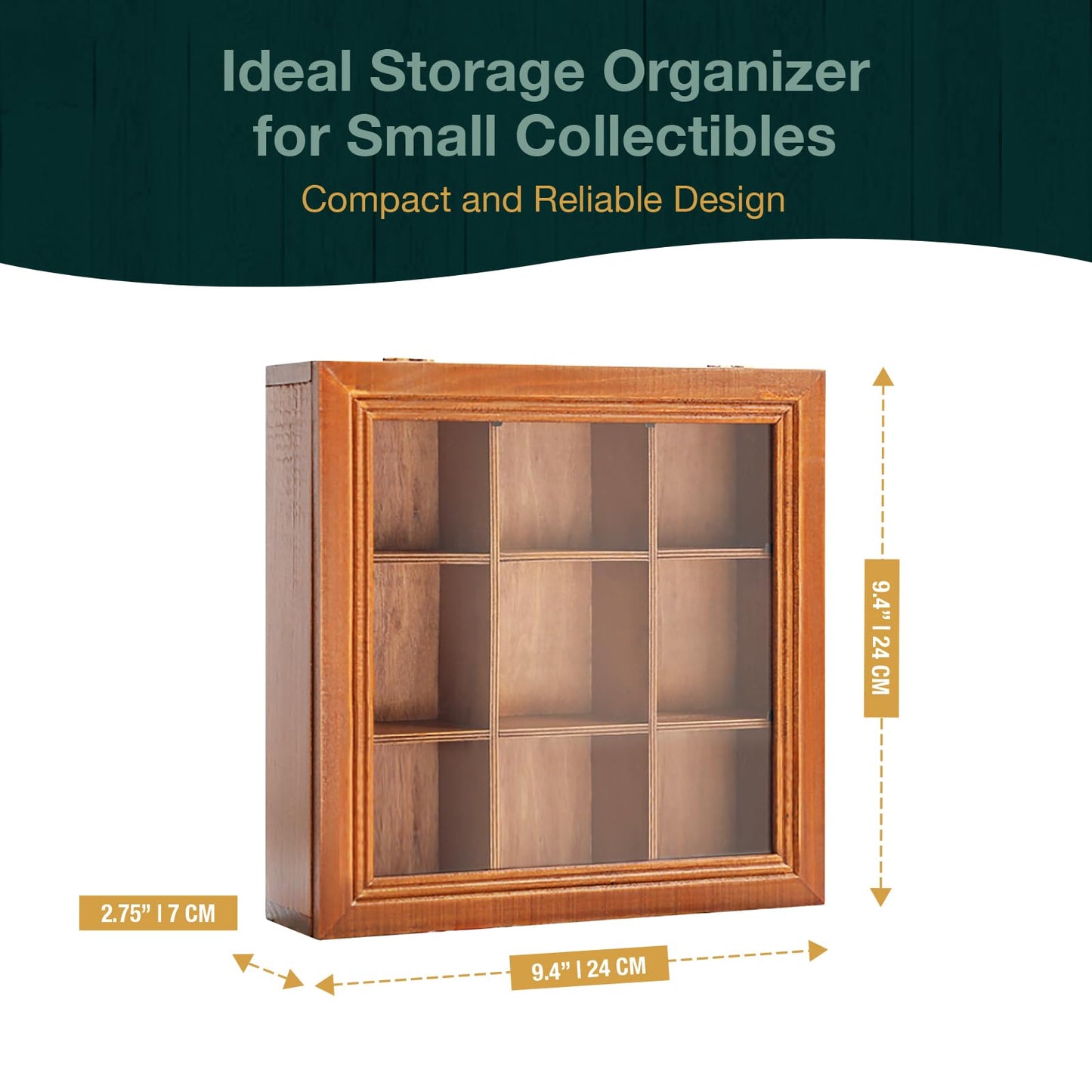 9-Slot Mini Wooden Storage Box w Clear Acrylic Collectibles Display Case - Square Wood Organizer Box with Dividers - Storage & Organizer Case for Tea, Essential Oils, Spices & More